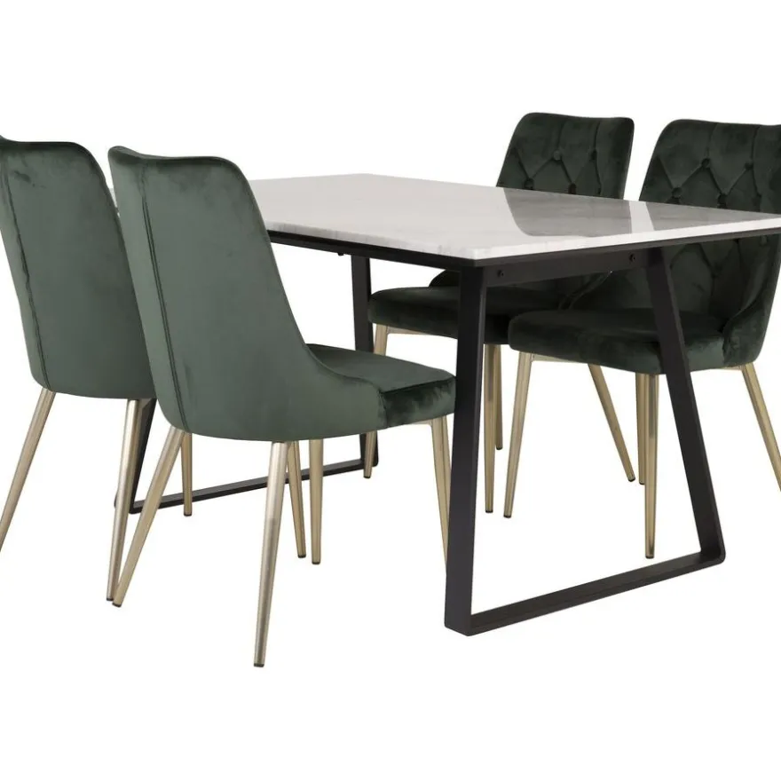 Ruokailuryhmä Venture Home, 140x90cm valkoinen Estelle-pöytä + 4 Velvet Deluxe -tuolia, sametti