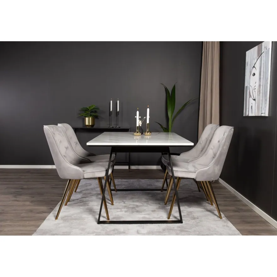 Ruokailuryhmä Venture Home, 140x90cm valkoinen Estelle-pöytä + 4 Velvet Deluxe -tuolia, sametti