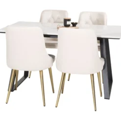 Ruokailuryhmä Venture Home, 140x90cm valkoinen Estelle-pöytä + 4 Velvet Deluxe -tuolia, sametti