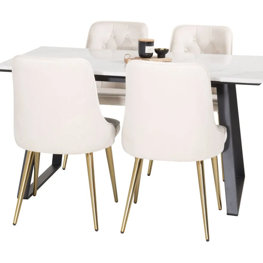 Ruokailuryhmä Venture Home, 140x90cm valkoinen Estelle-pöytä + 4 Velvet Deluxe -tuolia, sametti