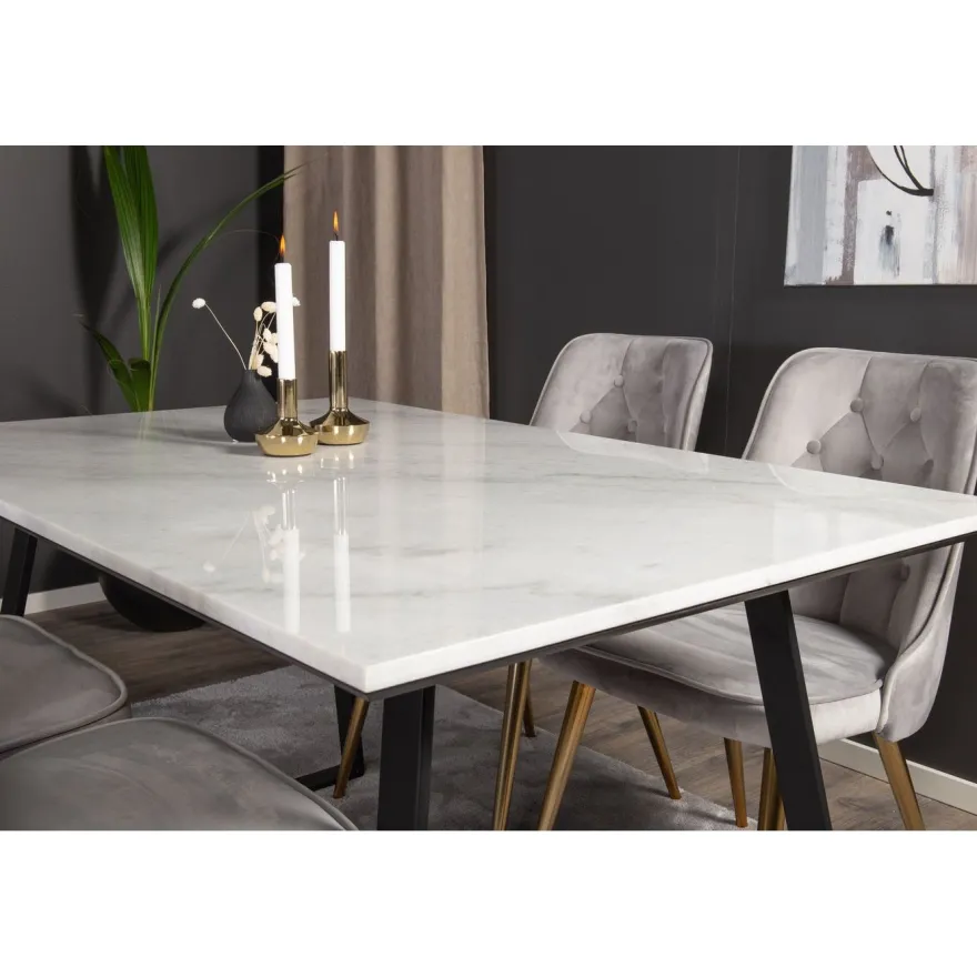 Ruokailuryhmä Venture Home, 140x90cm valkoinen Estelle-pöytä + 4 Velvet Deluxe -tuolia, sametti