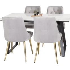 Ruokailuryhmä Venture Home, 140x90cm valkoinen Estelle-pöytä + 4 Velvet Deluxe -tuolia, sametti