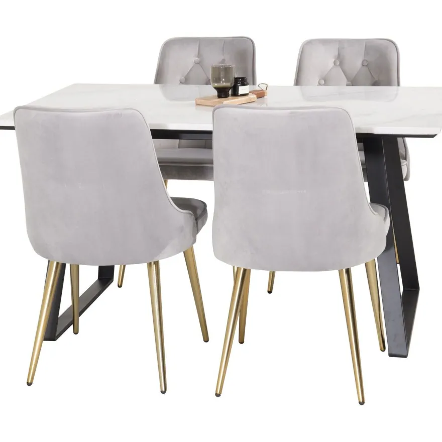 Ruokailuryhmä Venture Home, 140x90cm valkoinen Estelle-pöytä + 4 Velvet Deluxe -tuolia, sametti