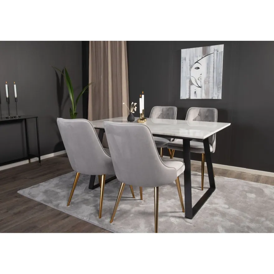 Ruokailuryhmä Venture Home, 140x90cm valkoinen Estelle-pöytä + 4 Velvet Deluxe -tuolia, sametti