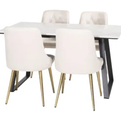 Ruokailuryhmä Venture Home, 140x90cm valkoinen Estelle-pöytä + 4 Velvet Deluxe -tuolia, sametti