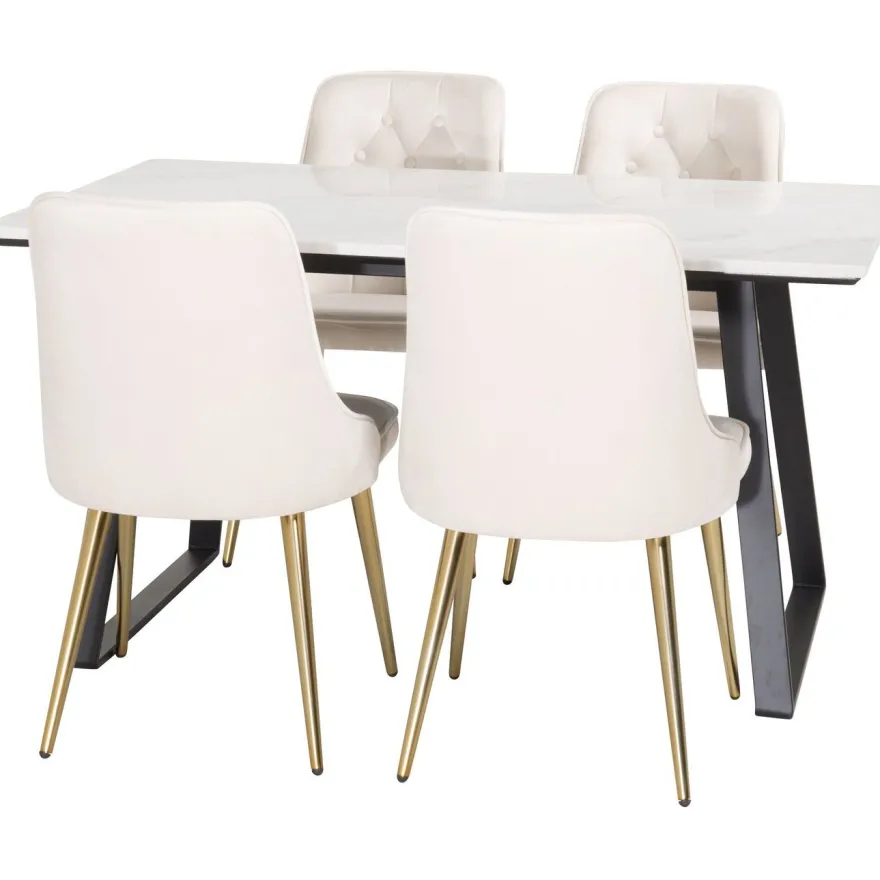 Ruokailuryhmä Venture Home, 140x90cm valkoinen Estelle-pöytä + 4 Velvet Deluxe -tuolia, sametti