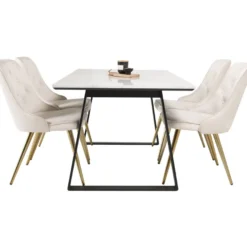 Ruokailuryhmä Venture Home, 140x90cm valkoinen Estelle-pöytä + 4 Velvet Deluxe -tuolia, sametti