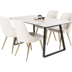 Ruokailuryhmä Venture Home, 140x90cm valkoinen Estelle-pöytä + 4 Velvet Deluxe -tuolia, sametti