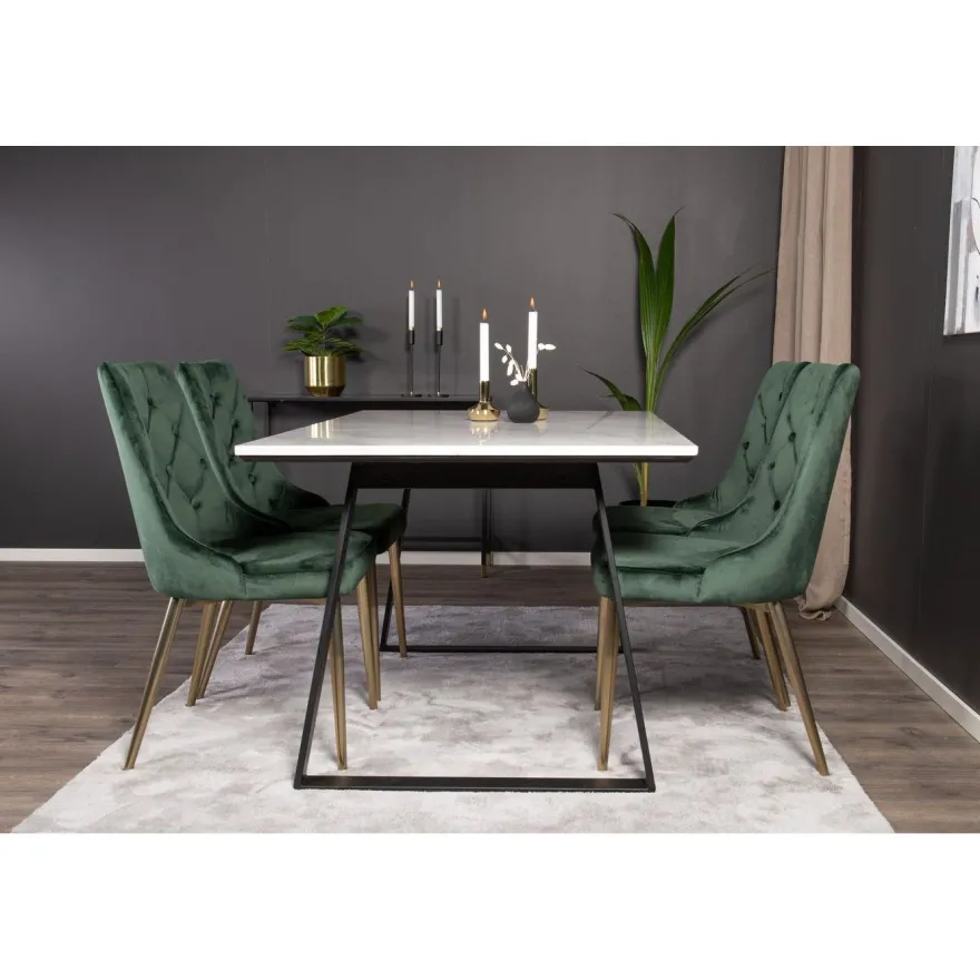 Ruokailuryhmä Venture Home, 140x90cm valkoinen Estelle-pöytä + 4 Velvet Deluxe -tuolia, sametti