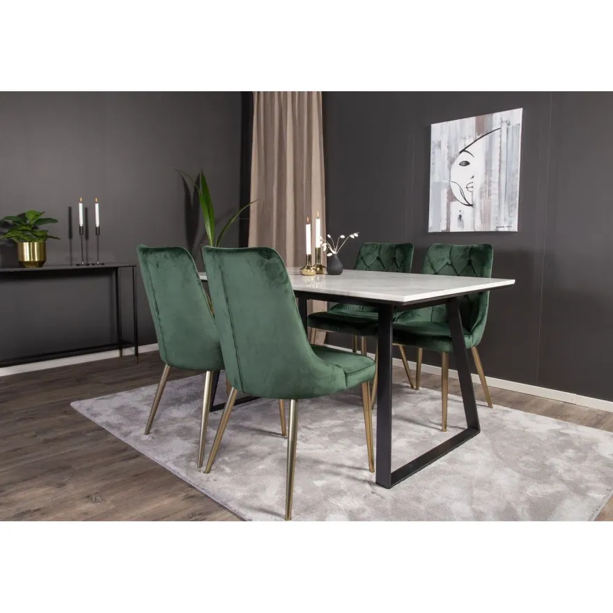 Ruokailuryhmä Venture Home, 140x90cm valkoinen Estelle-pöytä + 4 Velvet Deluxe -tuolia, sametti