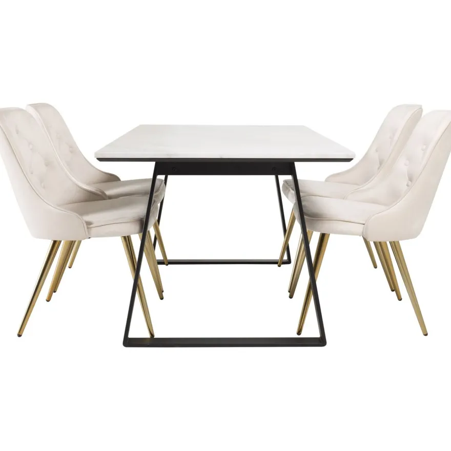 Ruokailuryhmä Venture Home, 140x90cm valkoinen Estelle-pöytä + 4 Velvet Deluxe -tuolia, sametti