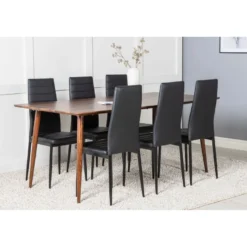 Ruokailuryhmä Venture Home, 180x90cm ruskea Polar-pöytä + 6 mustaa Slim High -tuolia