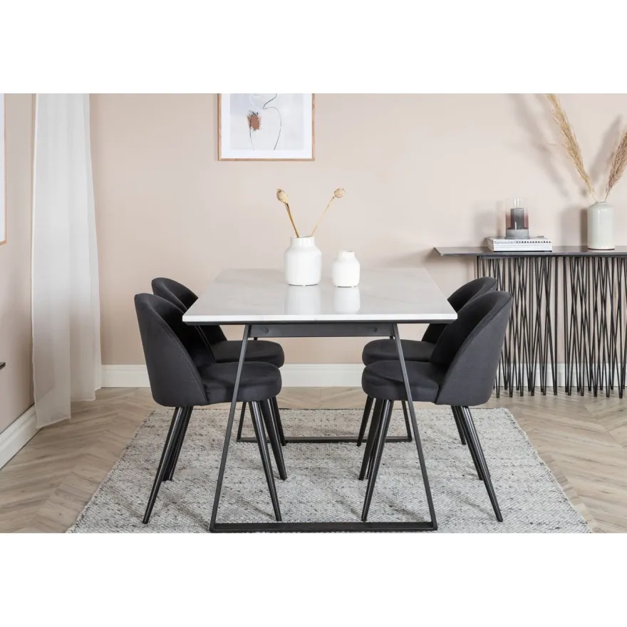 Ruokailuryhmä Venture Home, 140x90cm valkoinen Estelle-pöytä + 4 Velvet-tuolia