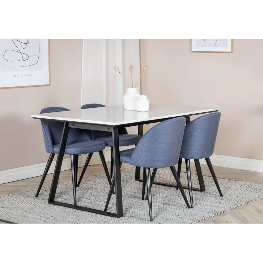 Ruokailuryhmä Venture Home, 140x90cm valkoinen Estelle-pöytä + 4 Velvet-tuolia