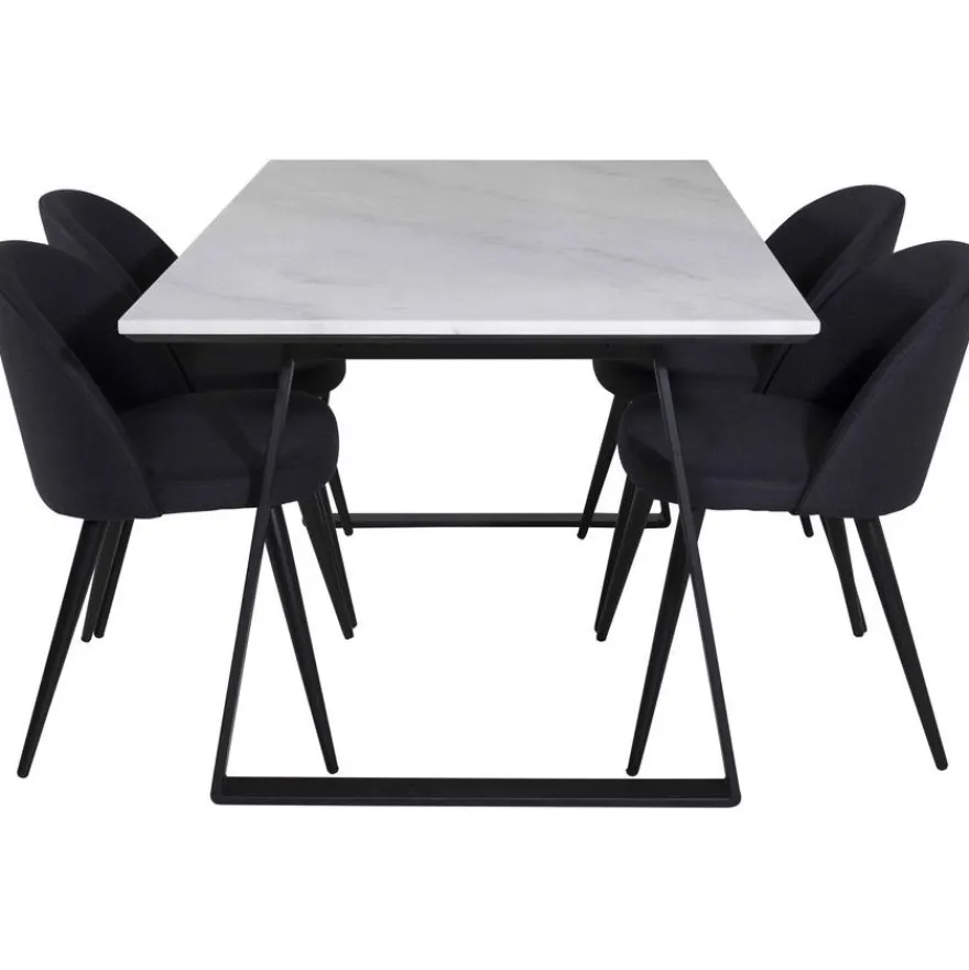 Ruokailuryhmä Venture Home, 140x90cm valkoinen Estelle-pöytä + 4 Velvet-tuolia