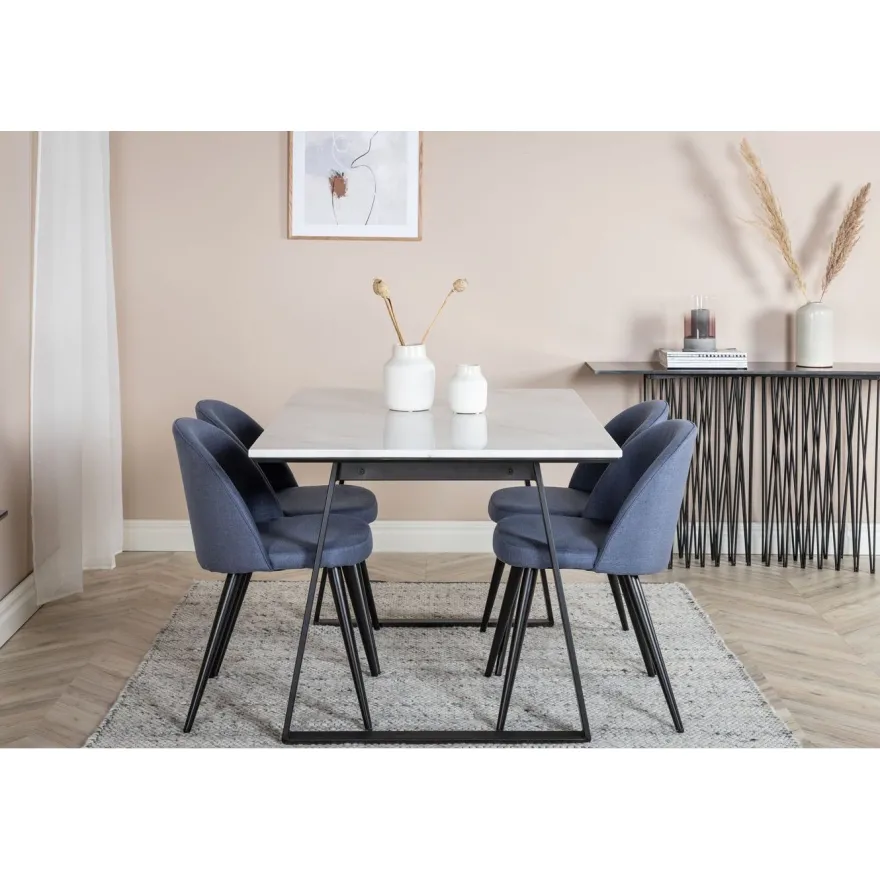 Ruokailuryhmä Venture Home, 140x90cm valkoinen Estelle-pöytä + 4 Velvet-tuolia