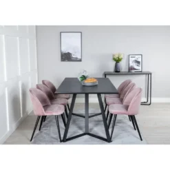 Ruokailuryhmä Venture Home, 180x90cm musta Marina-pöytä + 6 Velvet-tuolia