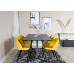 Ruokailuryhmä Venture Home, 180x90cm musta Marina-pöytä + 6 Velvet-tuolia