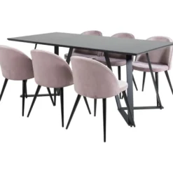 Ruokailuryhmä Venture Home, 180x90cm musta Marina-pöytä + 6 Velvet-tuolia