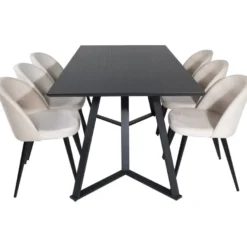 Ruokailuryhmä Venture Home, 180x90cm musta Marina-pöytä + 6 Velvet-tuolia