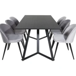 Ruokailuryhmä Venture Home, 180x90cm musta Marina-pöytä + 6 Velvet-tuolia