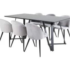 Ruokailuryhmä Venture Home, 180x90cm musta Marina-pöytä + 6 Velvet-tuolia