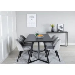 Ruokailuryhmä Venture Home, 180x90cm musta Marina-pöytä + 6 Velvet-tuolia