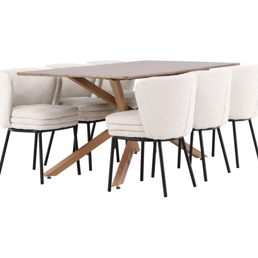 Ruokailuryhmä Venture Home, 180x90cm ruskea Piazza-pöytä + 6 valkoista Agnes-tuolia