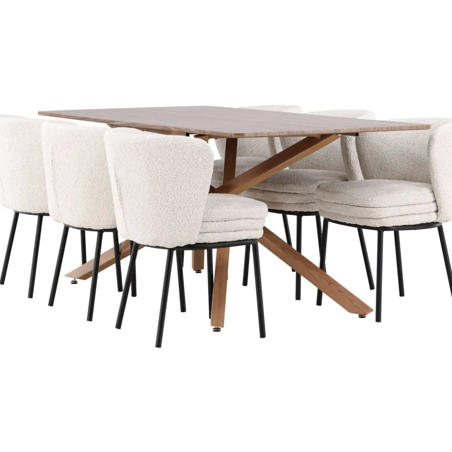 Ruokailuryhmä Venture Home, 180x90cm ruskea Piazza-pöytä + 6 valkoista Agnes-tuolia