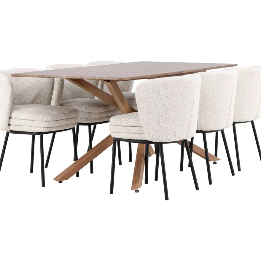 Ruokailuryhmä Venture Home, 180x90cm ruskea Piazza-pöytä + 6 valkoista Agnes-tuolia