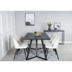 Ruokailuryhmä Venture Home, 180x90cm musta Marina-pöytä + 6 Velvet-tuolia, vakosametti