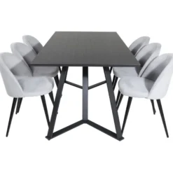 Ruokailuryhmä Venture Home, 180x90cm musta Marina-pöytä + 6 Velvet-tuolia, vakosametti