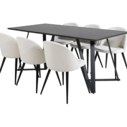 Ruokailuryhmä Venture Home, 180x90cm musta Marina-pöytä + 6 Velvet-tuolia, vakosametti