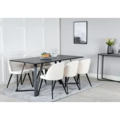 Ruokailuryhmä Venture Home, 180x90cm musta Marina-pöytä + 6 Velvet-tuolia, vakosametti