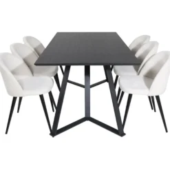 Ruokailuryhmä Venture Home, 180x90cm musta Marina-pöytä + 6 Velvet-tuolia, vakosametti