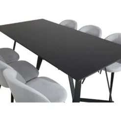 Ruokailuryhmä Venture Home, 180x90cm musta Marina-pöytä + 6 Velvet-tuolia, vakosametti