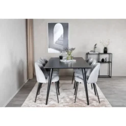 Ruokailuryhmä Venture Home, 180x90cm musta Dipp-pöytä + 6 harmaata Wrinkles-tuolia, sametti