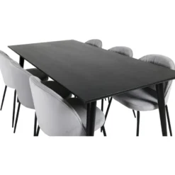 Ruokailuryhmä Venture Home, 180x90cm musta Dipp-pöytä + 6 harmaata Wrinkles-tuolia, sametti