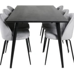 Ruokailuryhmä Venture Home, 180x90cm musta Dipp-pöytä + 6 harmaata Wrinkles-tuolia, sametti