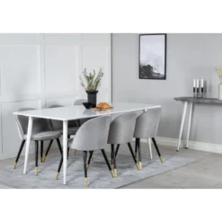 Ruokailuryhmä Venture Home, 180x90cm valkoinen Polar-pöytä + 6 vaaleanharmaata Velvet-tuolia, sametti/messinki