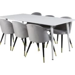 Ruokailuryhmä Venture Home, 180x90cm valkoinen Polar-pöytä + 6 vaaleanharmaata Velvet-tuolia, sametti/messinki