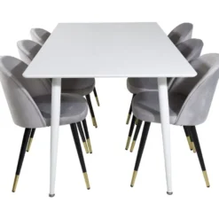 Ruokailuryhmä Venture Home, 180x90cm valkoinen Polar-pöytä + 6 vaaleanharmaata Velvet-tuolia, sametti/messinki