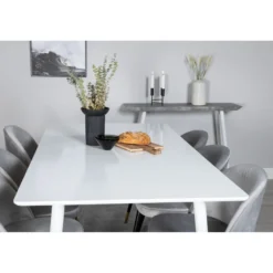 Ruokailuryhmä Venture Home, 180x90cm valkoinen Polar-pöytä + 6 vaaleanharmaata Velvet-tuolia, sametti/messinki