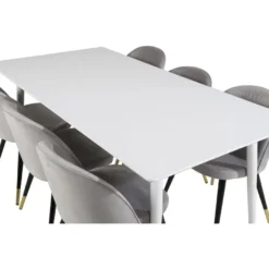 Ruokailuryhmä Venture Home, 180x90cm valkoinen Polar-pöytä + 6 vaaleanharmaata Velvet-tuolia, sametti/messinki