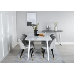 Ruokailuryhmä Venture Home, 180x90cm valkoinen Polar-pöytä + 6 vaaleanharmaata Velvet-tuolia, sametti/messinki