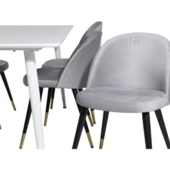 Ruokailuryhmä Venture Home, 180x90cm valkoinen Polar-pöytä + 6 vaaleanharmaata Velvet-tuolia, sametti/messinki