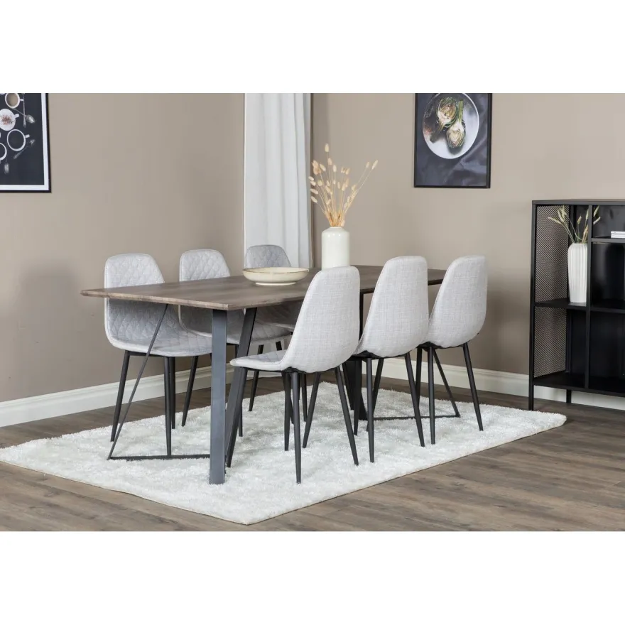 Ruokailuryhmä Venture Home, 180x90cm harmaa/musta Marina-pöytä + 6 harmaata Polar Diamond -tuolia