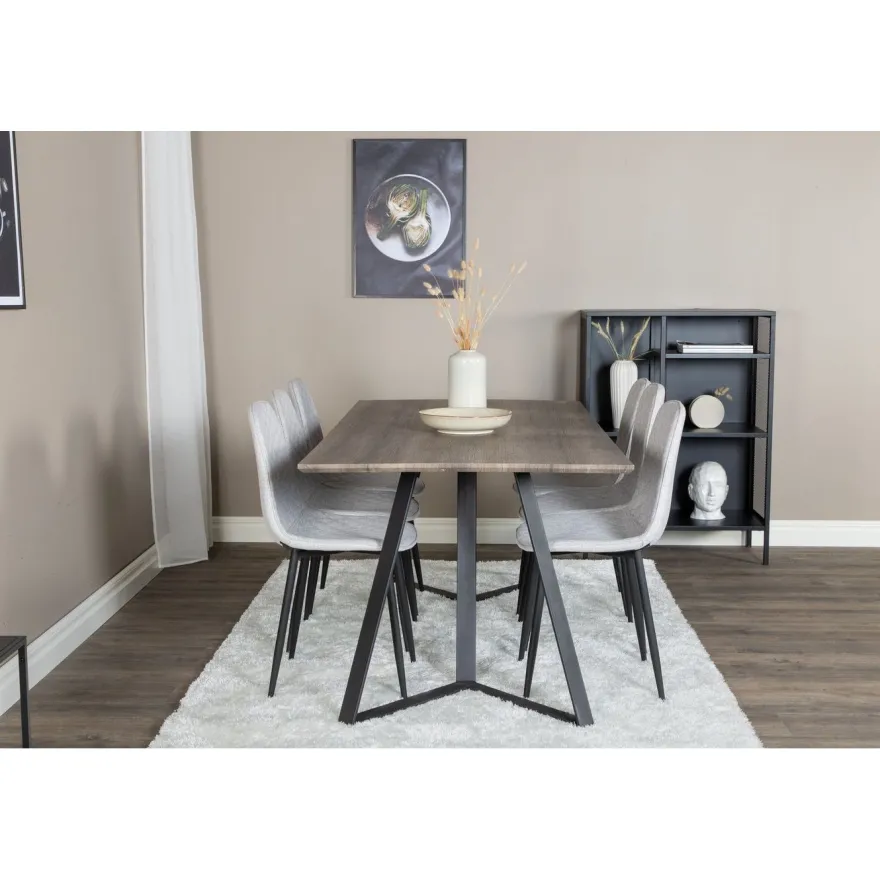 Ruokailuryhmä Venture Home, 180x90cm harmaa/musta Marina-pöytä + 6 harmaata Polar Diamond -tuolia