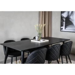 Ruokailuryhmä Venture Home, 180x90cm musta Dipp-pöytä + 6 mustaa Velvet Stitches-tuolia, keinonahka