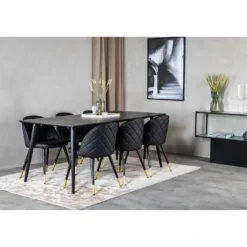 Ruokailuryhmä Venture Home, 180x90cm musta Dipp-pöytä + 6 mustaa Velvet Stitches-tuolia, keinonahka